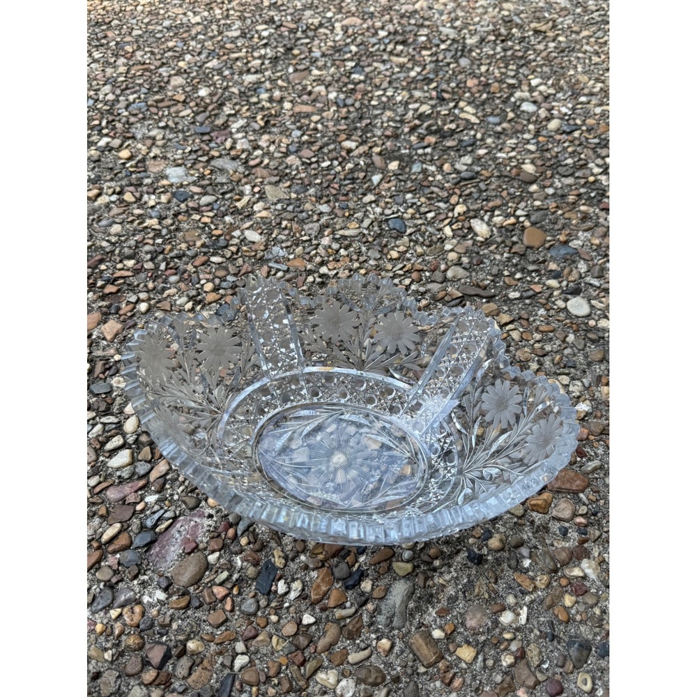 Vintage Cut Glass Crystal Bowl Daisy and Button Floral Etched Scalloped Rim Oval